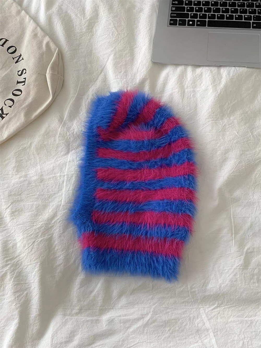 Striped Furry Contrast Color Knit Wool Cap | Embroidered Cap