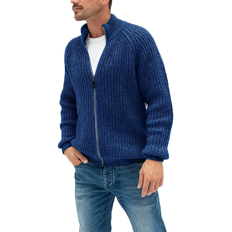 Men's Solid Color Knit Zipper Turtleneck Cardigan