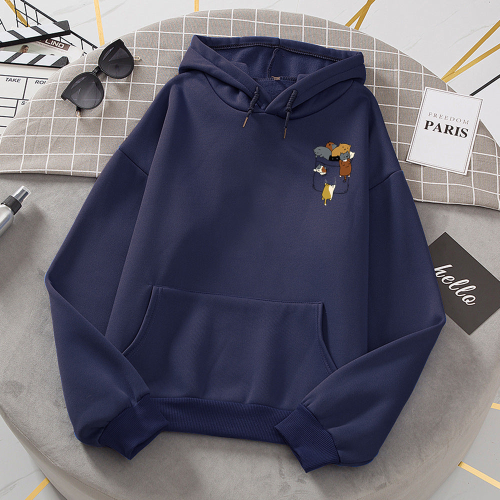 Popular Women's Cat Pocket Fleece Hoodie Sweater