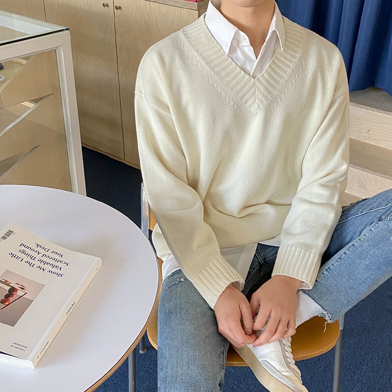 Korean Style V Neck Pullover Sweater for Men | Streetwear
