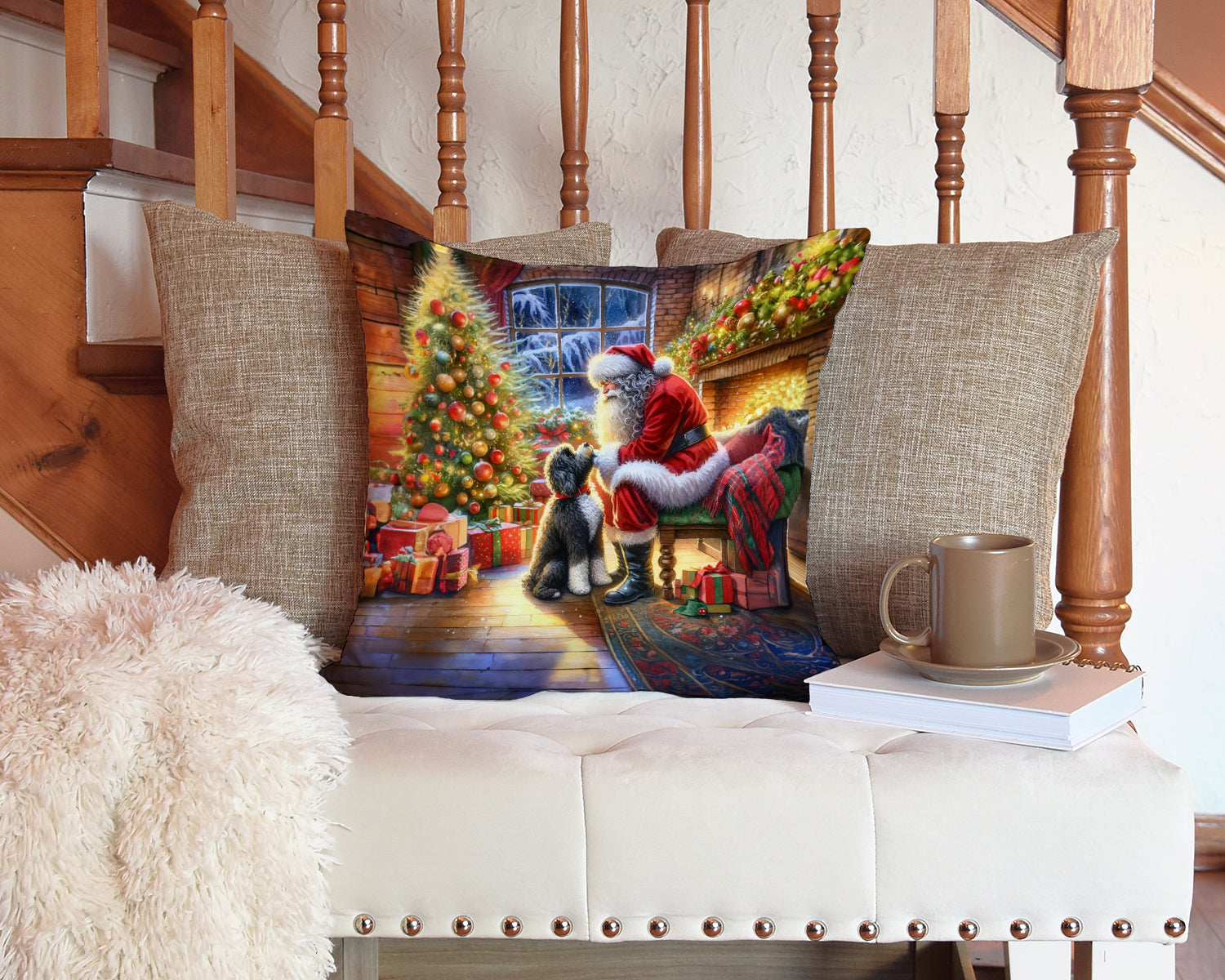 Portuguese Water Dog and Santa Claus Throw Pillow