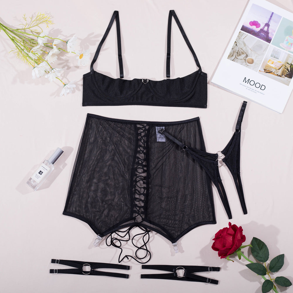 Black Sheer Lace Lingerie Set with Back Tie LS1527