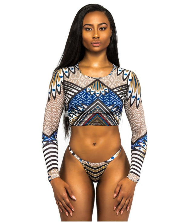 Women's Long Sleeve Printed Bikini with Thong Bottom