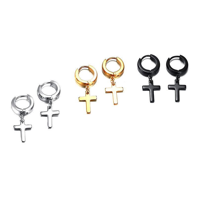 Stainless Steel Cross Drop Hoop Earrings