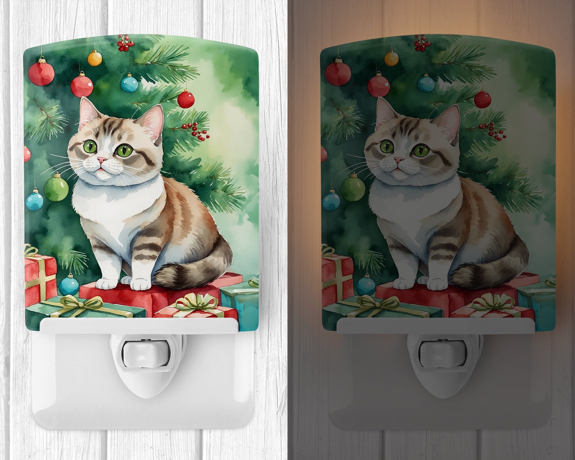 Munchkin Cat By the Christmas Tree Ceramic Night Light