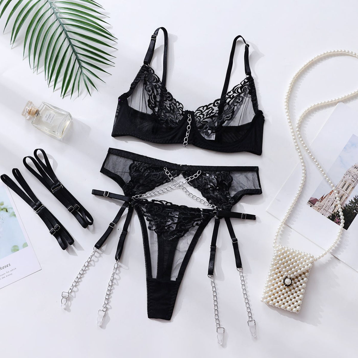 Dnika Lingerie Set with Embroidery and Metal Chains