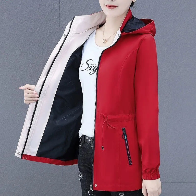 Hooded Mid-Length Velvet Windbreaker Jacket for Women