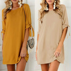 Summer Chiffon Floral Dress with Round Neck and 3/4 Sleeves