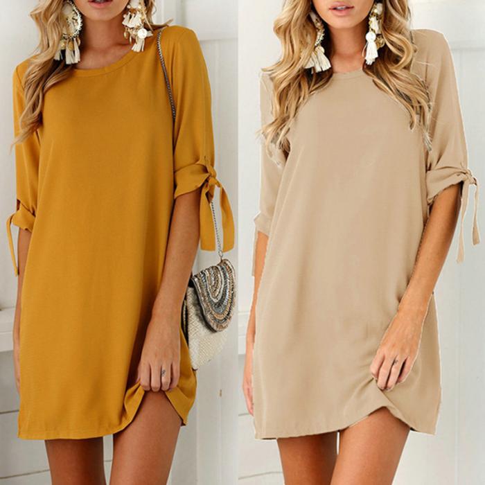 Summer Chiffon Floral Dress with Round Neck and 3/4 Sleeves