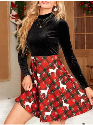 Christmas Deer Plaid Printed Dress Combination
