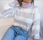 High Neck Stripe Lantern Sleeve Sweater (European/American)