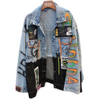 Women's Spliced Graffiti Print Denim Jacket for Streetwear