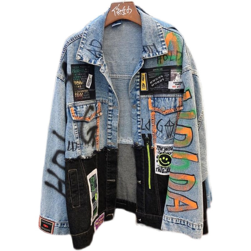 Women's Spliced Graffiti Print Denim Jacket for Streetwear