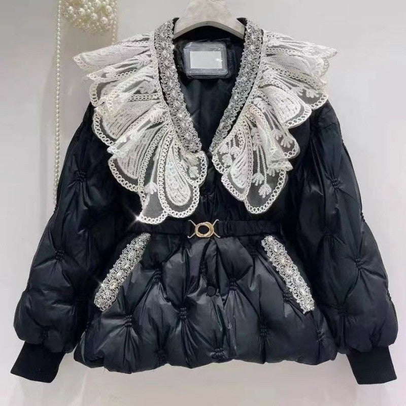 Winter V Neck Waist Down Jacket for Women