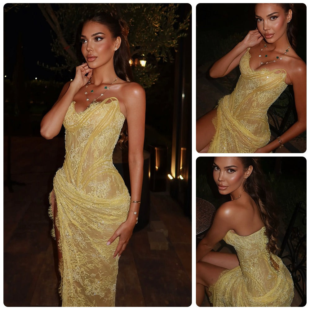 Bustier Lace Sequin High-Slit Dress