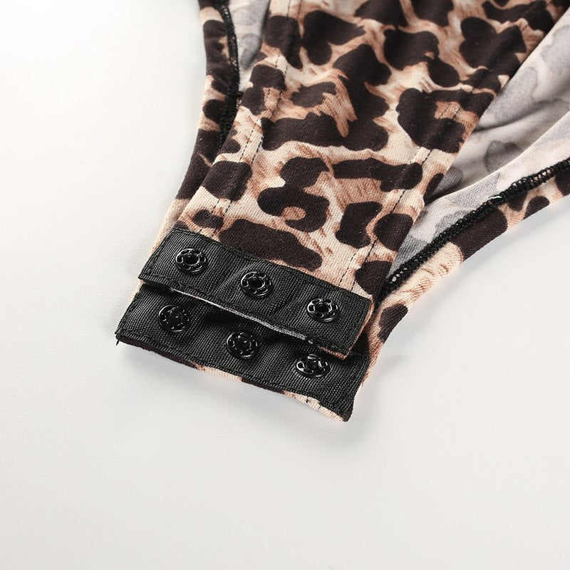 Sexy Leopard Print Long Sleeve Bodysuit for Women