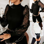 Puff Sleeve Mesh Polka Dot Turtleneck Pullover Top | Streetwear