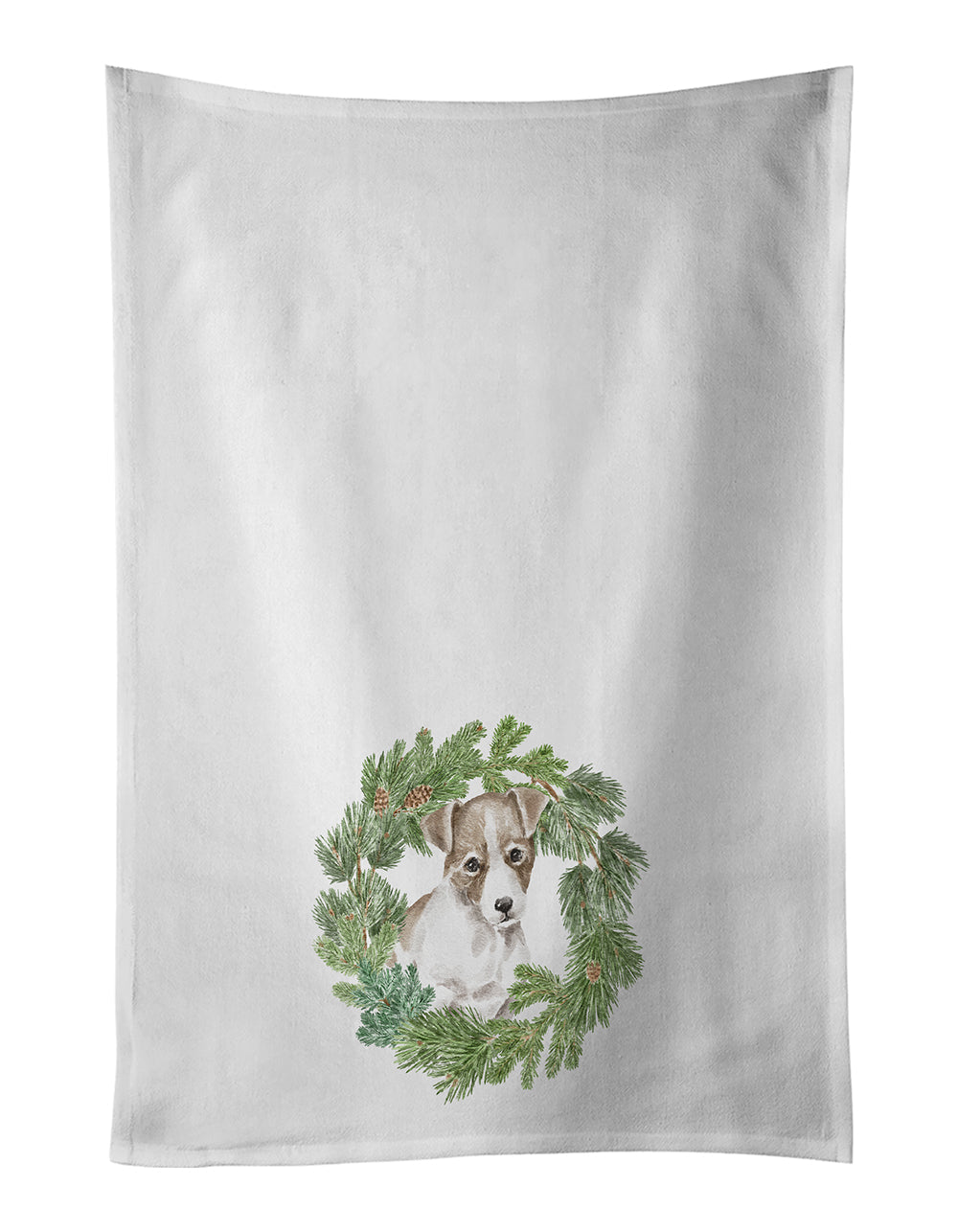 Jack Russell Terrier Puppy Chestnut and White Christmas Wreath Kitchen Towel Set of 2