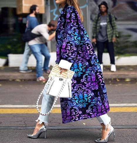 Women's Long Loose Print Double Breasted Trench Coat