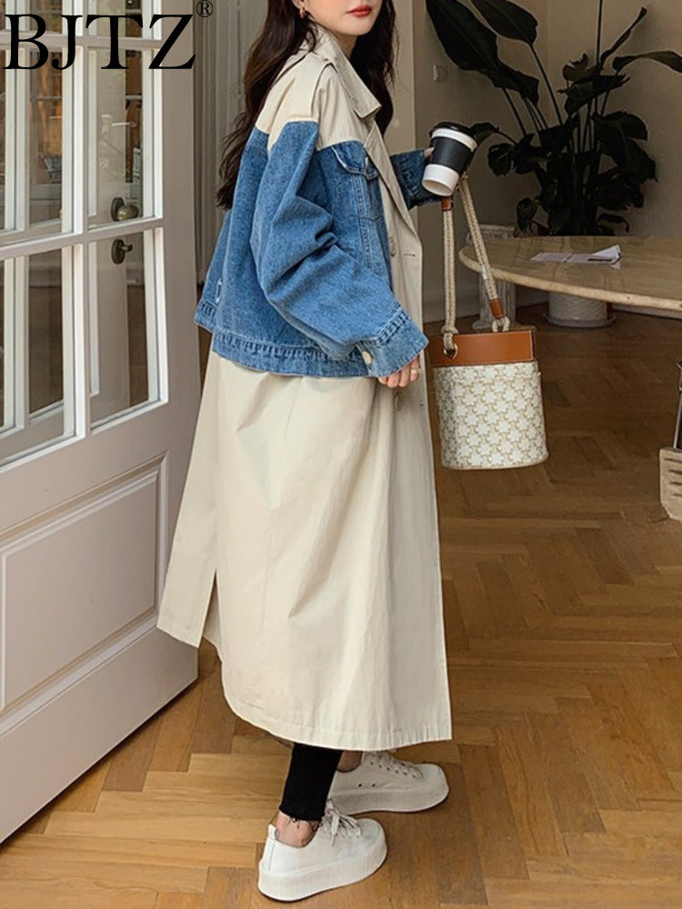 Fashionable Denim Patchwork Oversized Windbreaker Jacket