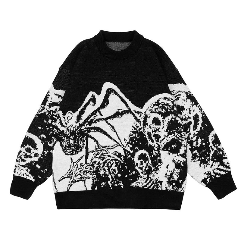 Round Neck Jacquard Spider Pattern Sweater