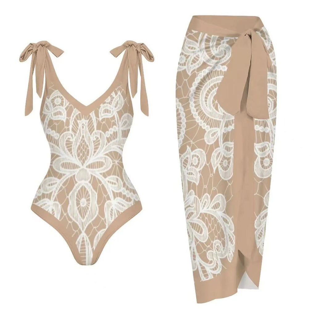 V-Neck Women's One-Piece Swimsuit with Skirt Design