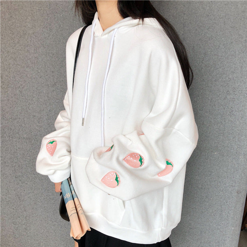 Embroidered Strawberry Fleece Hoodie for Girls | Streetwear