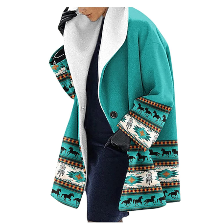 Thick Woolen Print Hooded Loose Medium Coat