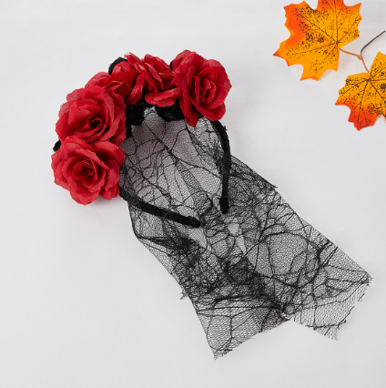 Christmas Headband with Rose Flowers and Lace Veil