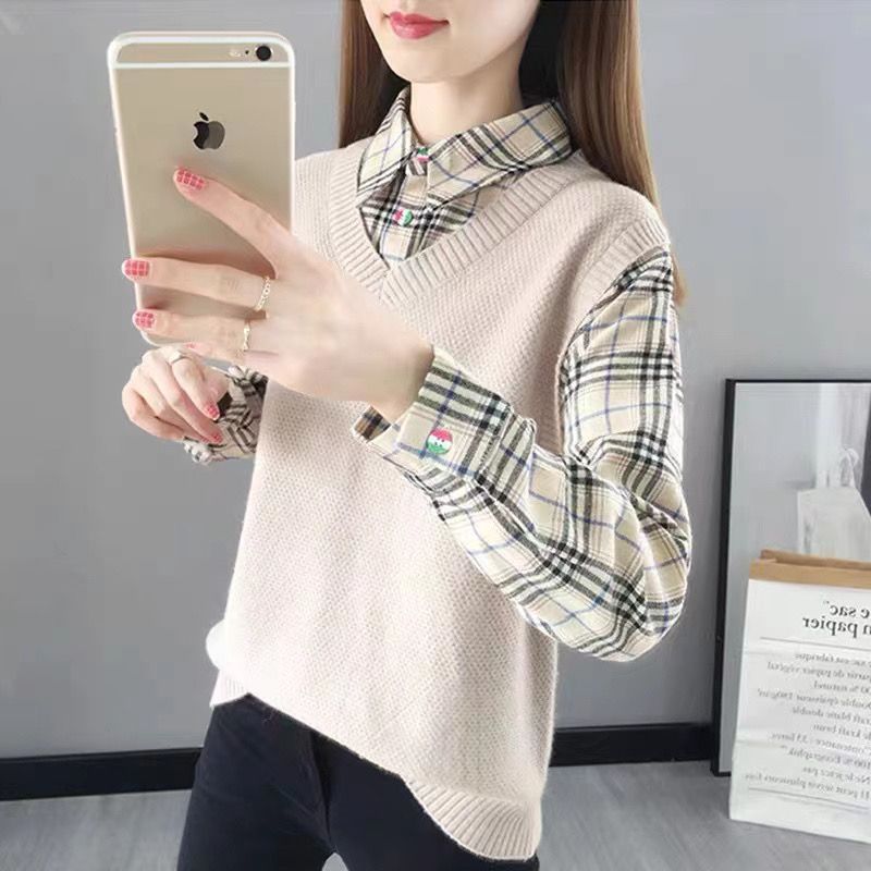 Fashion Knit Plaid T-Shirt for Women - Loose Korean Tee | Streetwear