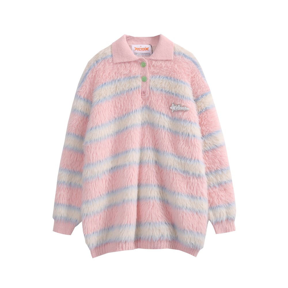 Contrast Striped Plush Long Sleeve Lapel Pullover Sweater