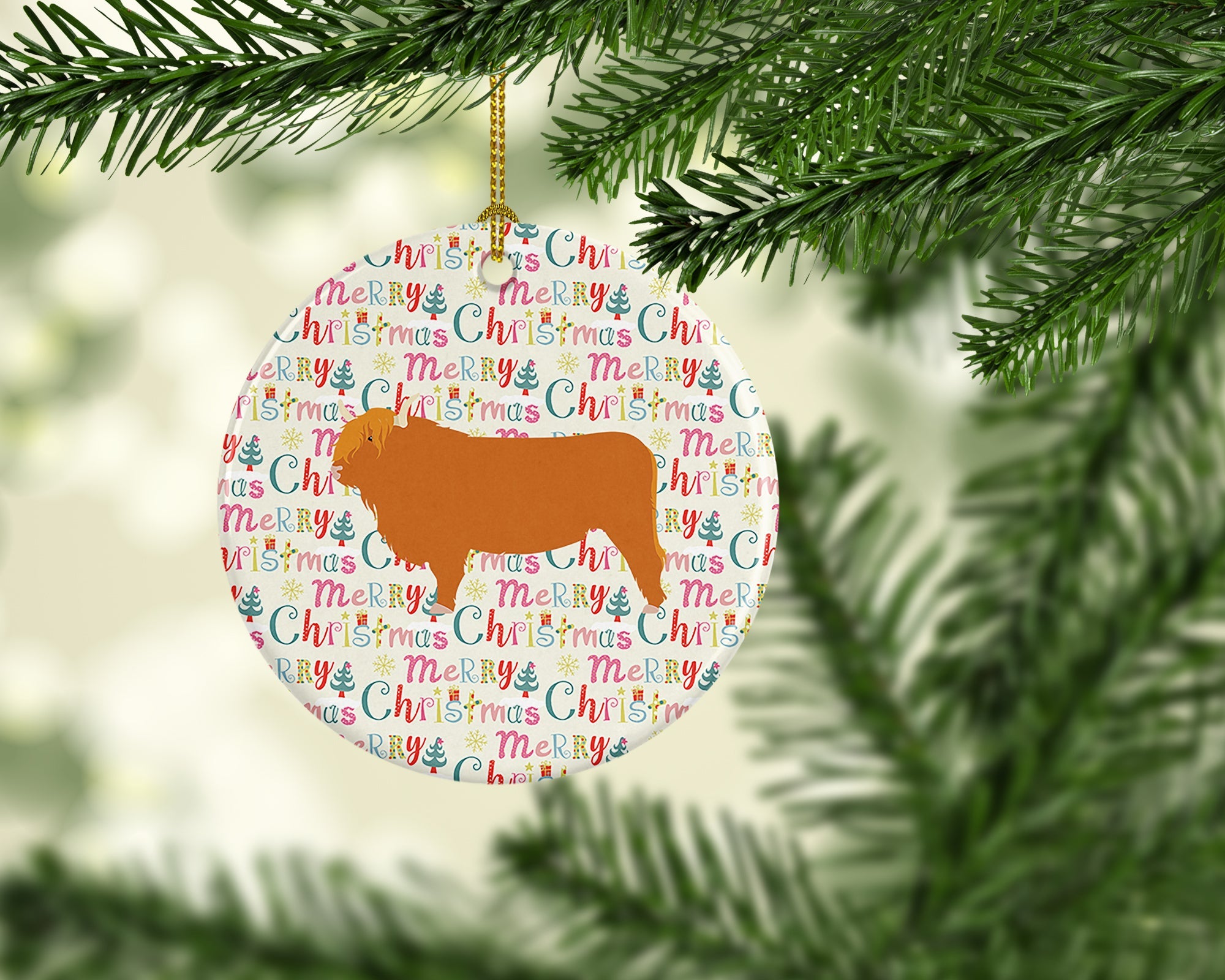 Highland Cow Christmas Ceramic Ornament