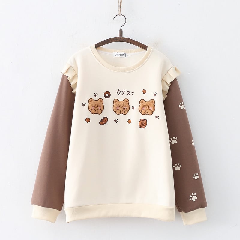 Cartoon Three Bears Fleece-lined Pullover Sweater | Streetwear