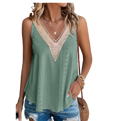 White Lace Crochet V Neck Loose Fit Tank Top (One Piece)