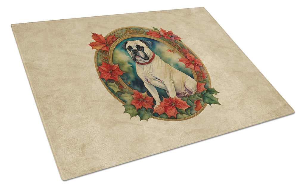 White Boxer Christmas Flowers Glass Cutting Board