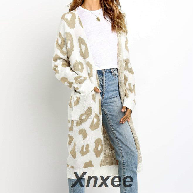 Women's Leopard Knitted Long Sleeve Cardigan Sweater