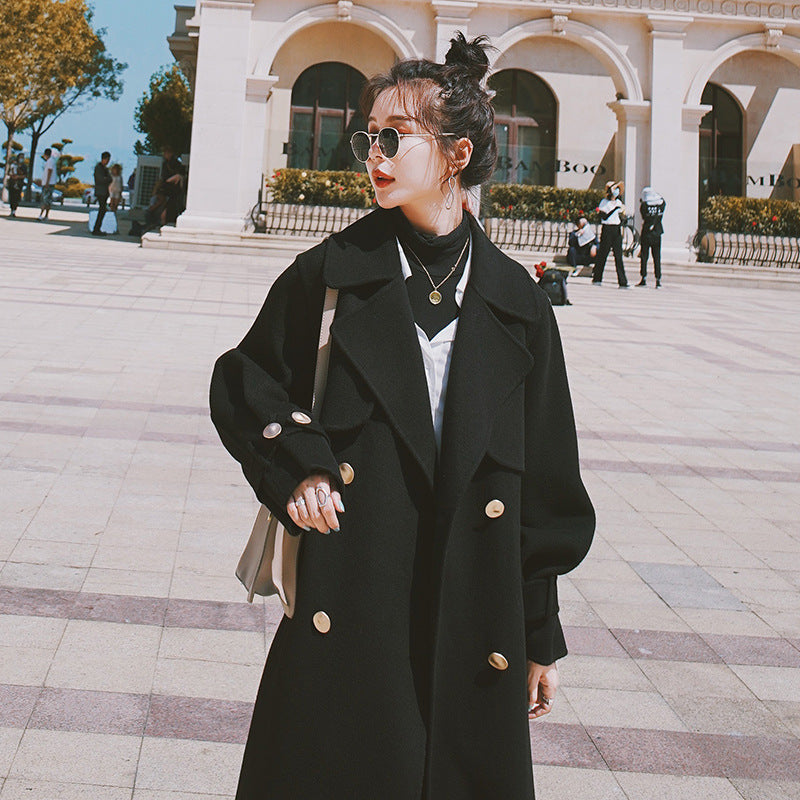Black Hepburn Wind Woolen Coat for Women