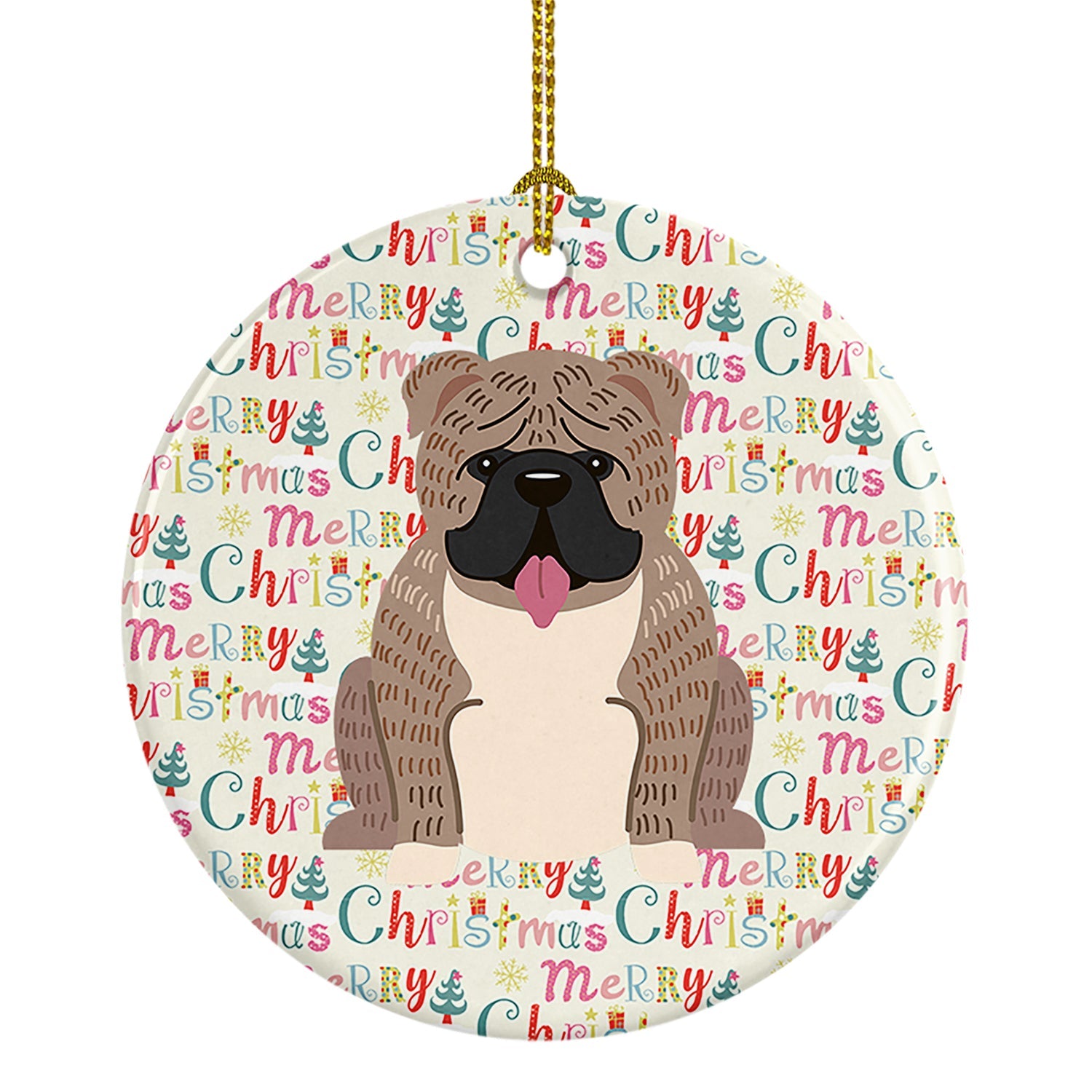 Merry Christmas English Bulldog Grey Brindle Ceramic Ornament