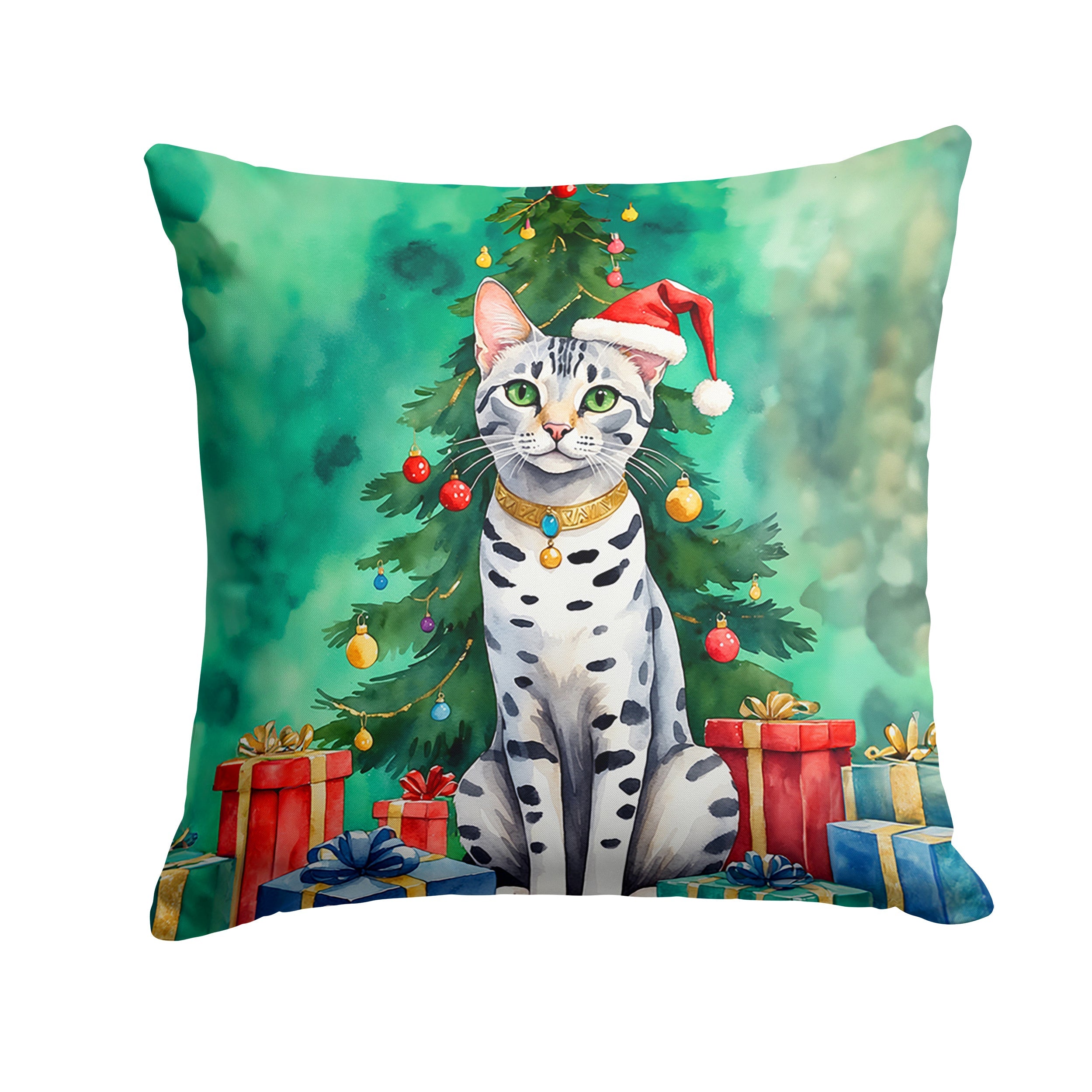 Egyptian Mau Cat By the Christmas Tree Throw Pillow