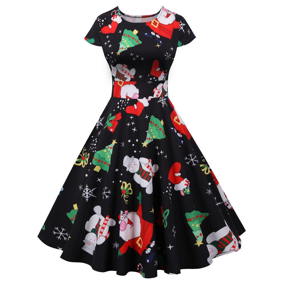Fashionable Short Sleeve Christmas Dress with Print