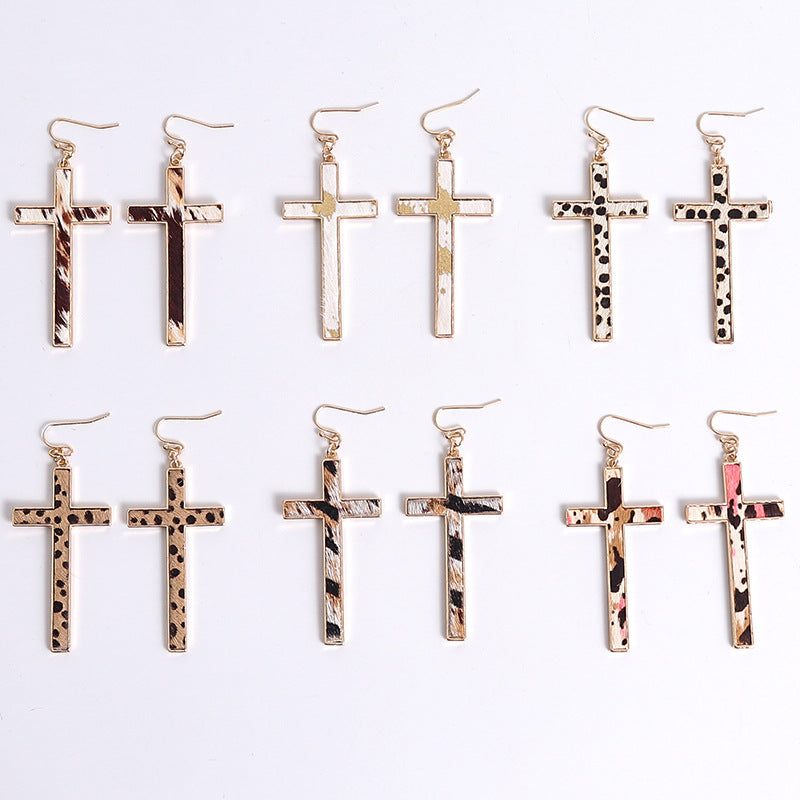 Leopard Print Cross Drop Earrings