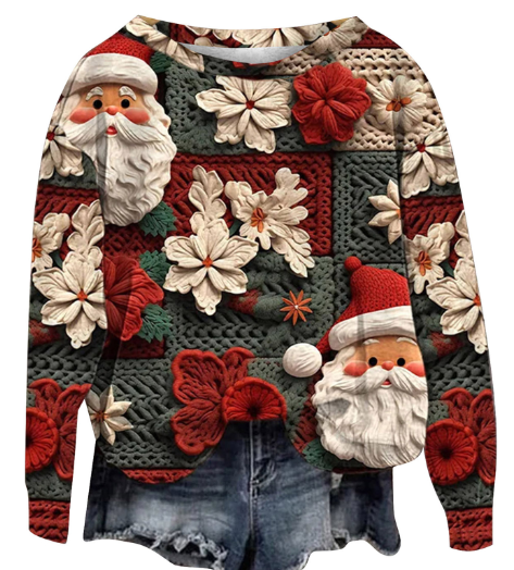 3D Digital Print Christmas Round Neck Top for Winter