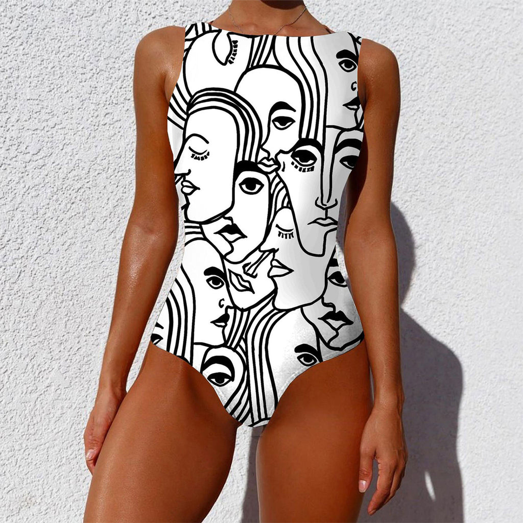 Women's Abstract Print High Neck Backless Swimsuit