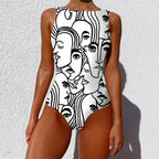 Women's Abstract Print High Neck Backless Swimsuit