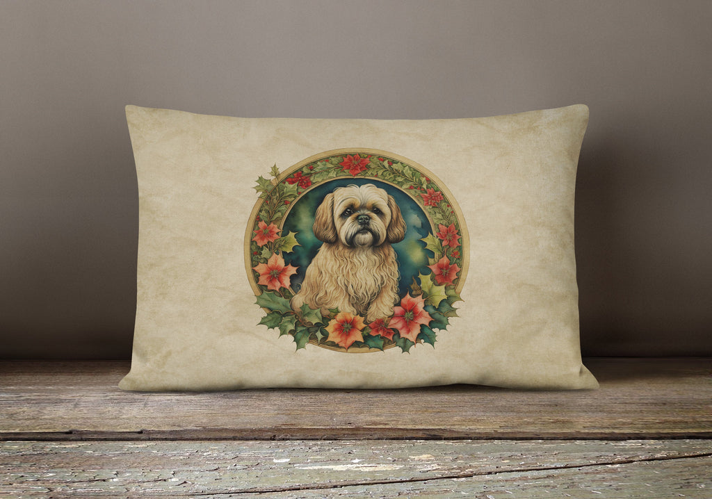 Lhasa Apso Christmas Flowers Throw Pillow
