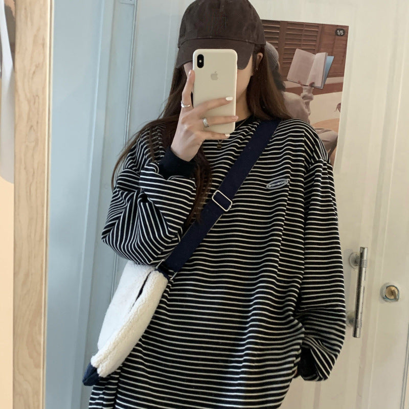 Loose Round Neck Thin Striped Long-sleeved Sweater