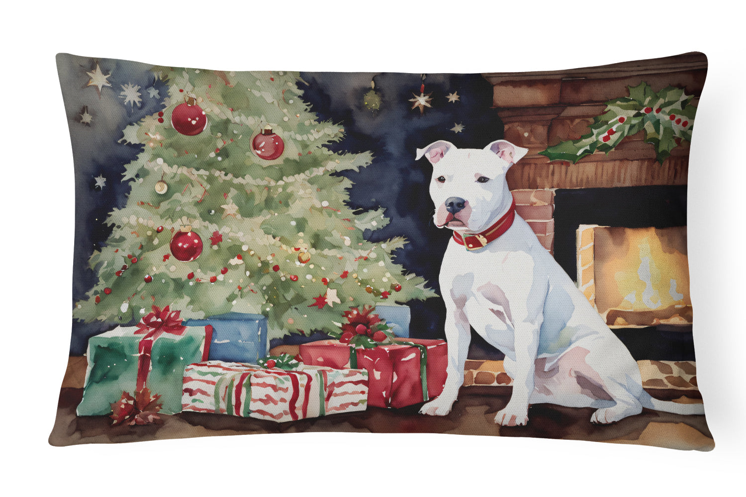 White Pit Bull Terrier Christmas Throw Pillow