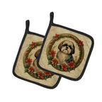 Shih Tzu Christmas Flowers Pair of Pot Holders