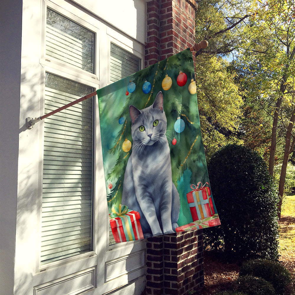 Chartreux Cat By the Christmas Tree House Flag