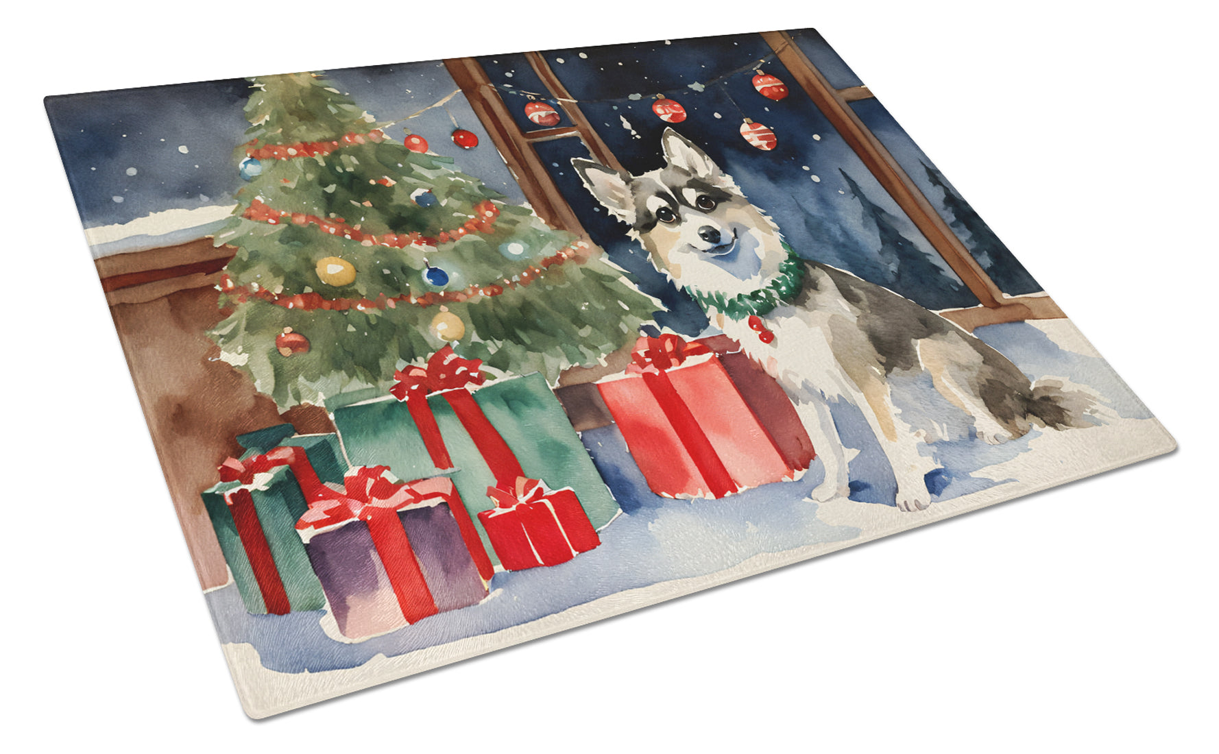 Alaskan Klee Kai Cozy Christmas Glass Cutting Board